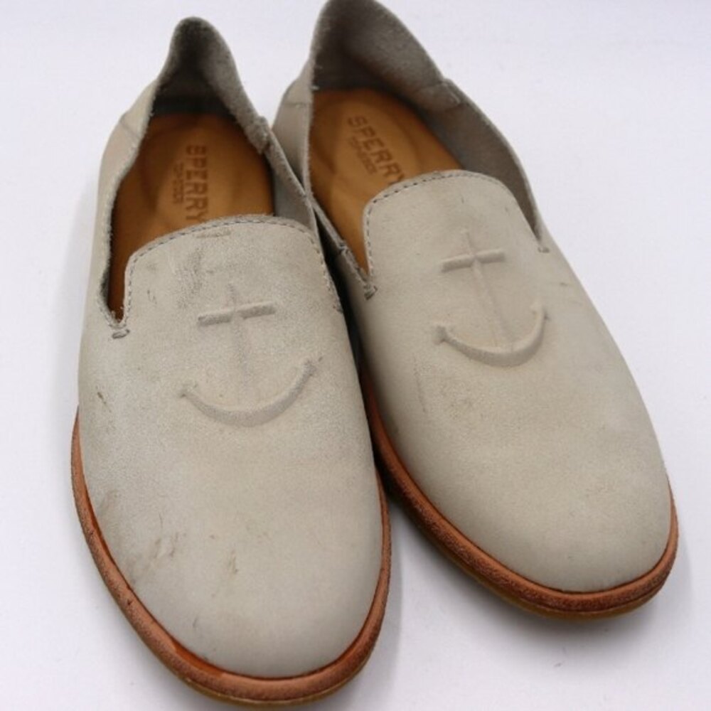 Sperry Top Sider Leather Fawn Nautical Anchor Flat Loafer Boat Shoe 5.5